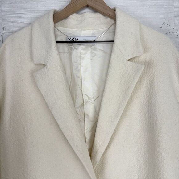 Zara Oversized Textured Wool Blend Coat Women XL Ivory Long Jacket Blazer NEW - Picture 4 of 16
